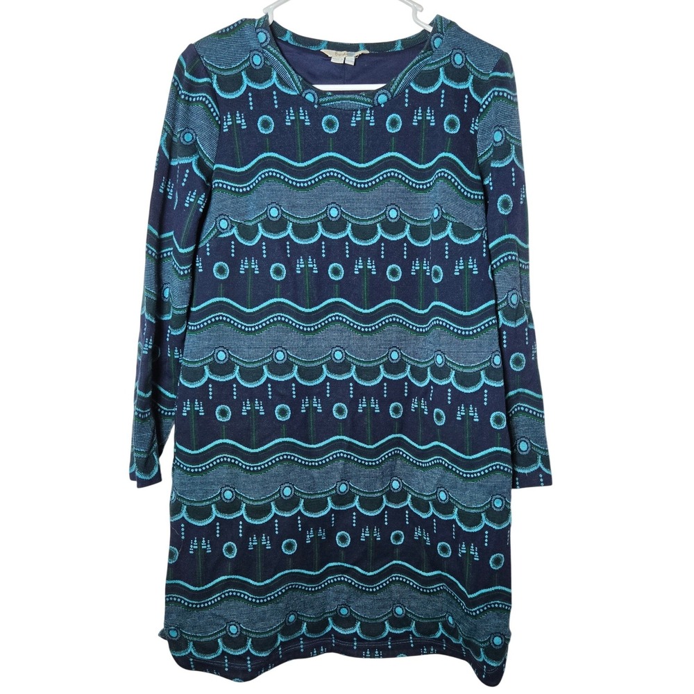 Boden Blue Geometric Jacquard Long Sleeve Shift Dress 8R Mod Preppy Boho Knit